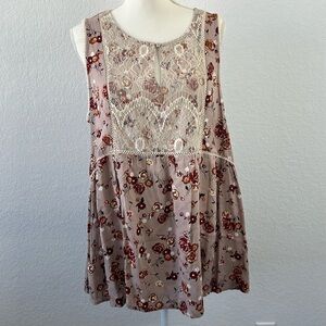 KORI Floral and Lace Sleeveless Tunic Swing Top